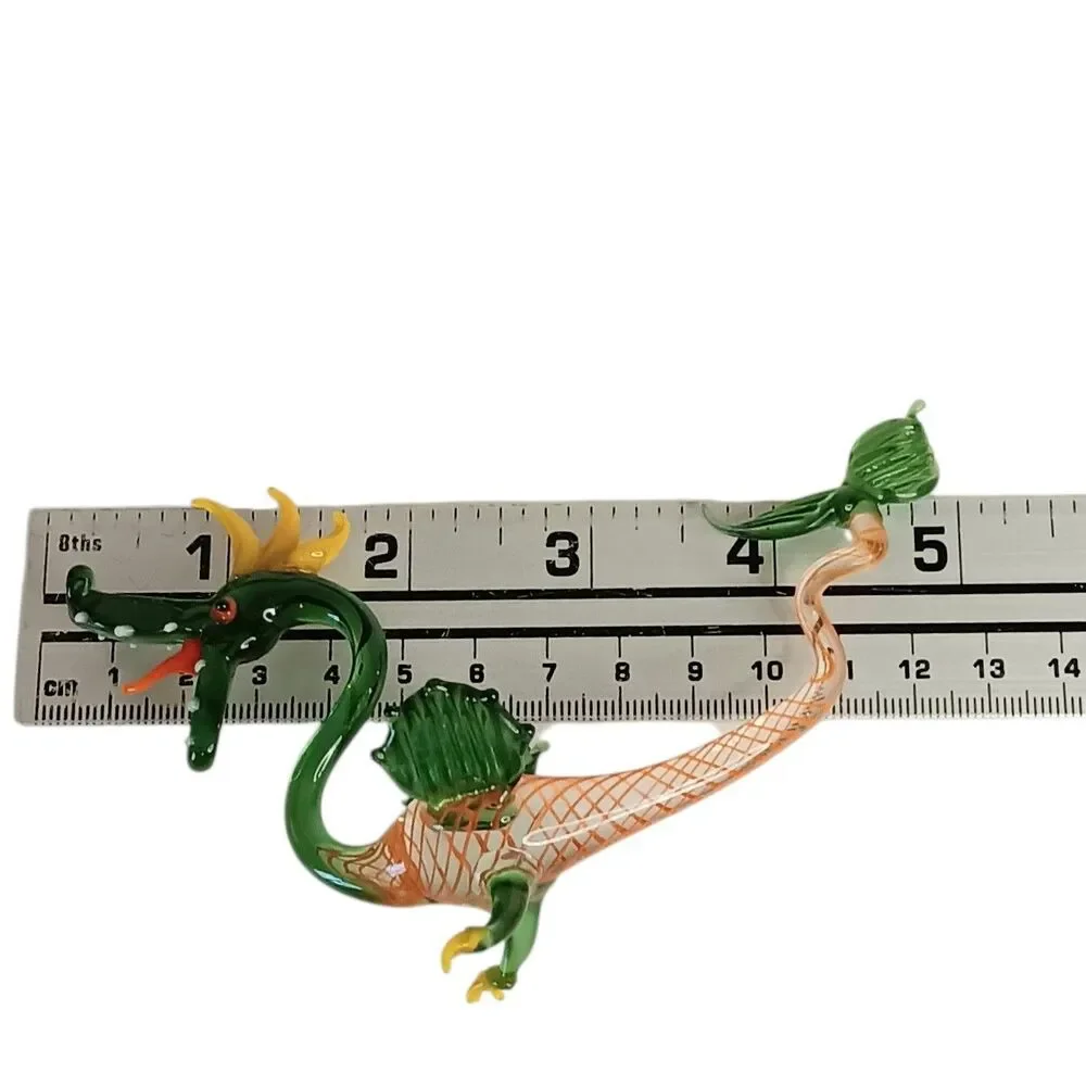 VTG Miniature Hand Blown Glass Dragon Green Yellow Orange Tongue 5